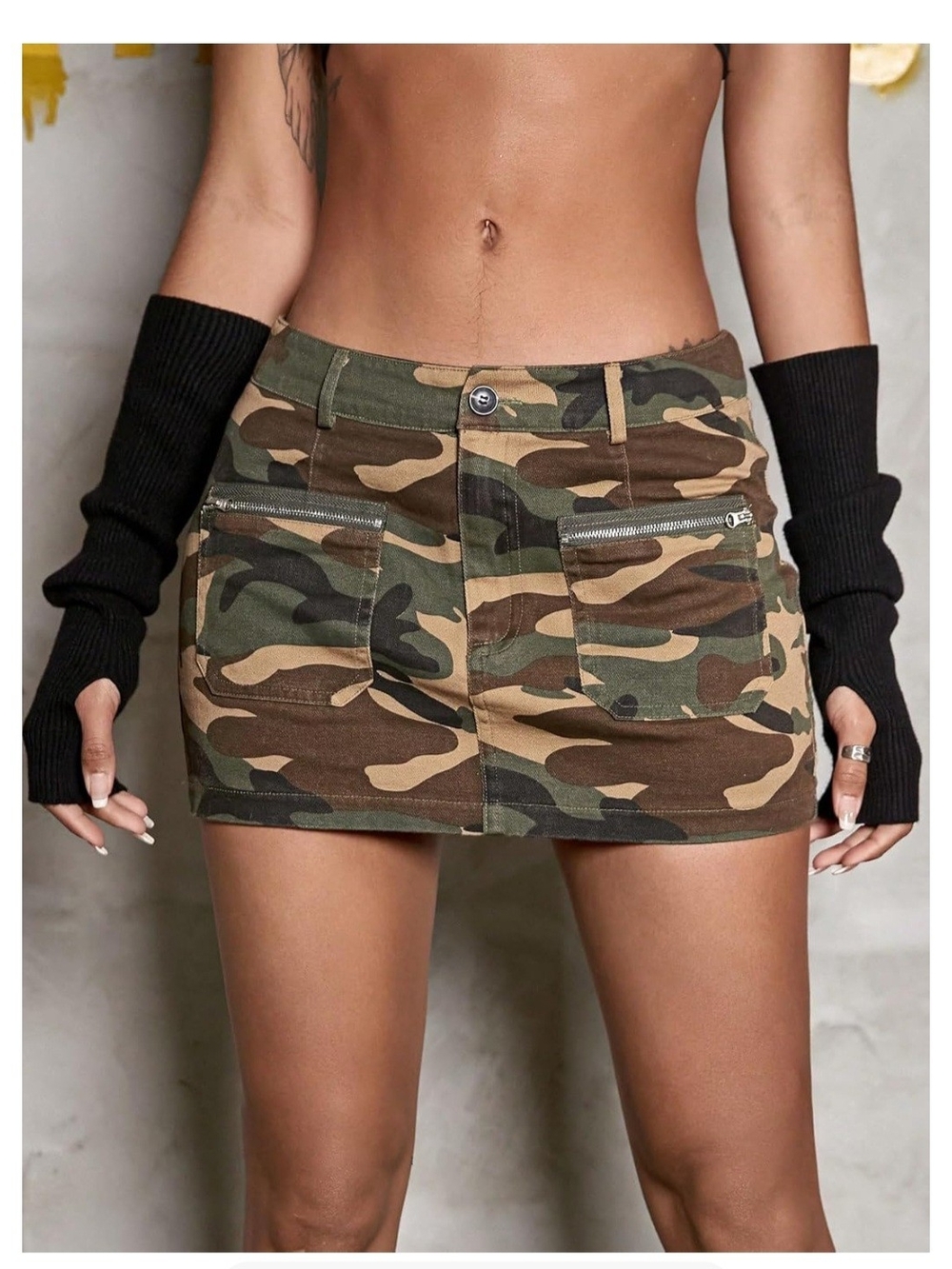 Camo Cargo Mini Skirt with Front Zippers